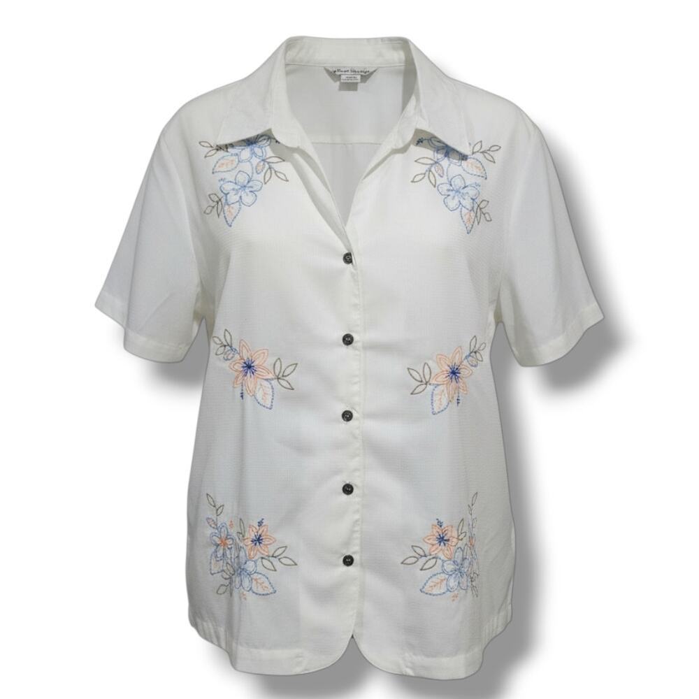 Sarah Bentley Ivory Floral Embroidered Button-Down Blouse NWT – Size XL